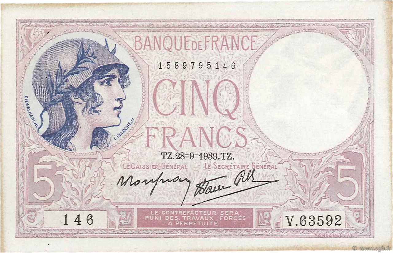 5 Francs FEMME CASQUÉE modifié FRANCIA  1939 F.04.10 q.SPL