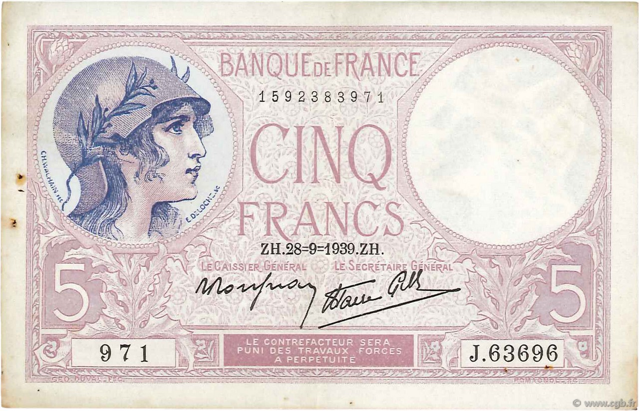 5 Francs FEMME CASQUÉE modifié FRANCE  1939 F.04.10 TTB+