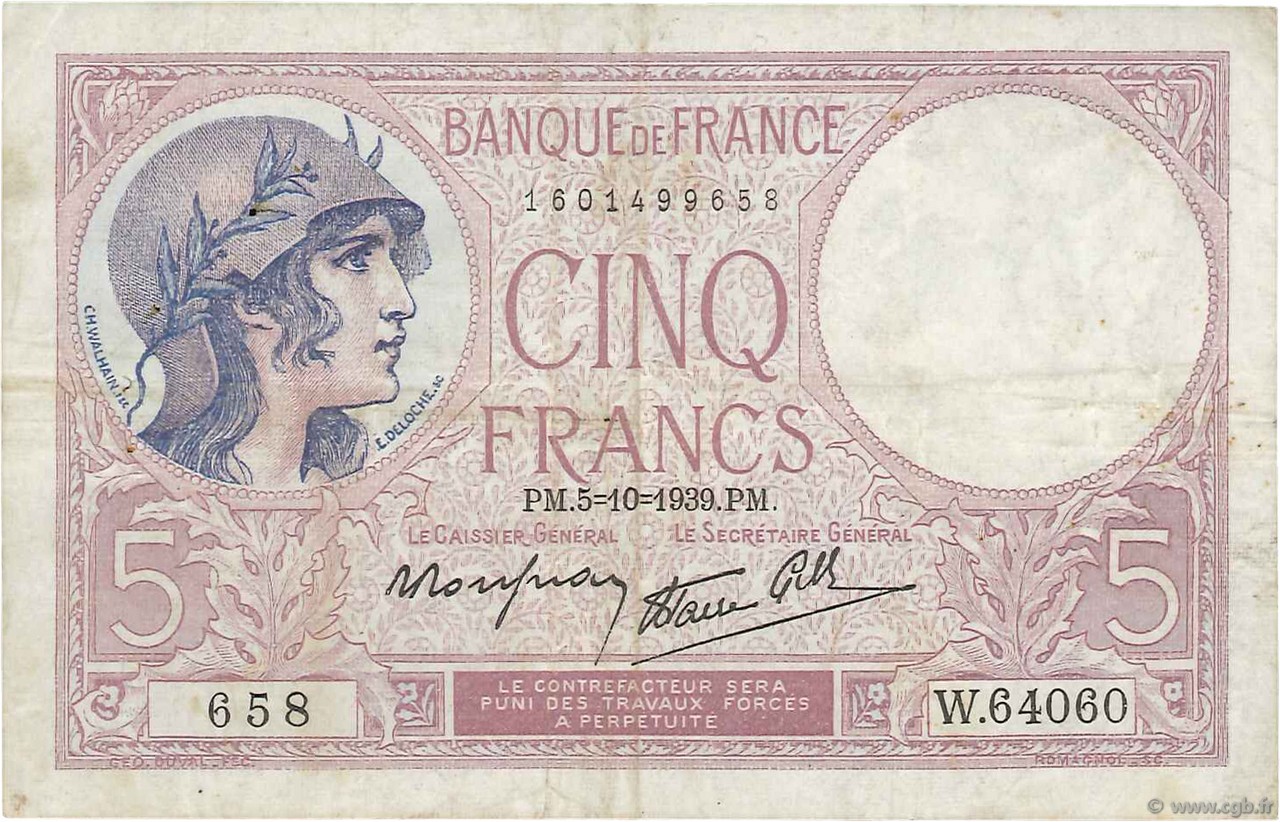 5 Francs FEMME CASQUÉE modifié FRANCE  1939 F.04.11 VF-