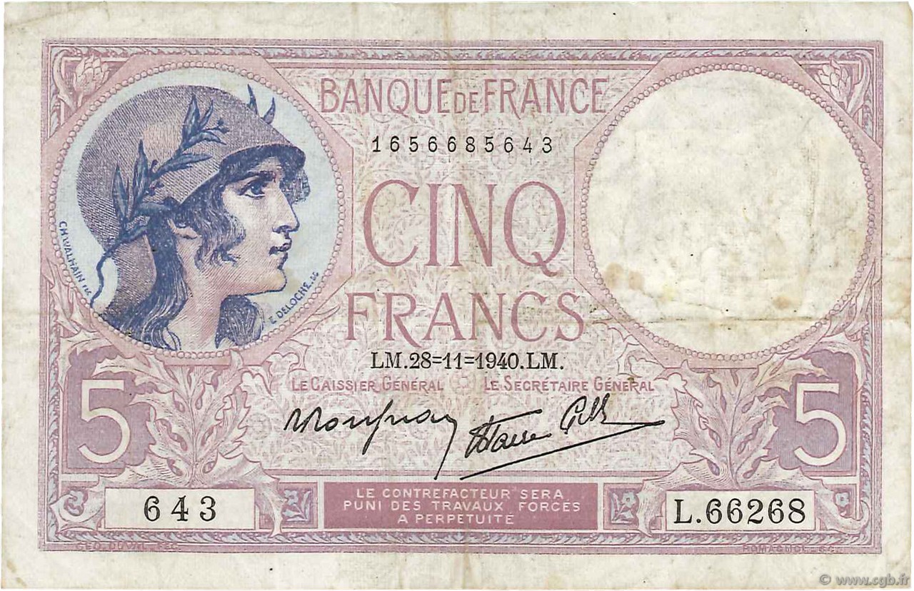 5 Francs FEMME CASQUÉE modifié FRANCE  1940 F.04.15 F