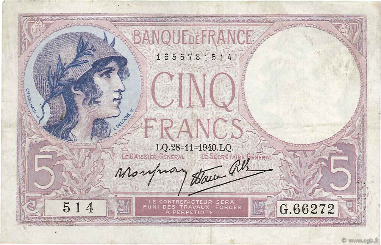 5 Francs FEMME CASQUÉE modifié FRANCIA  1940 F.04.15 q.BB