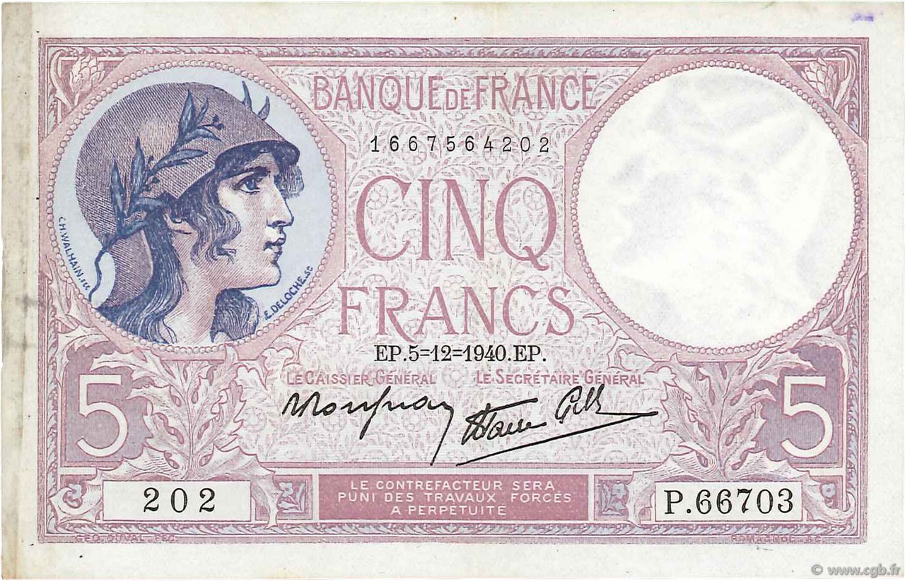 5 Francs FEMME CASQUÉE modifié Numéro radar FRANKREICH  1940 F.04.16 fVZ