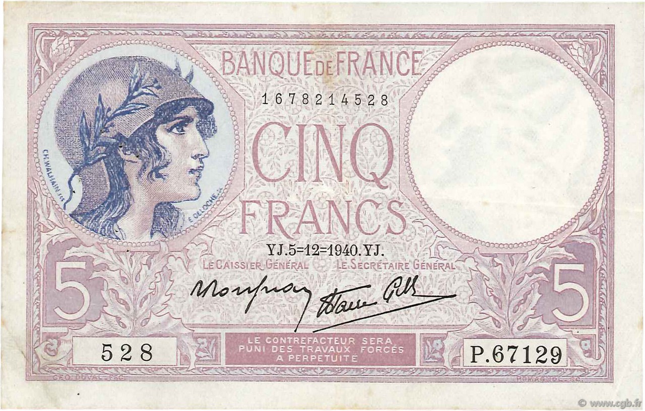 5 Francs FEMME CASQUÉE modifié FRANCIA  1940 F.04.16 BB