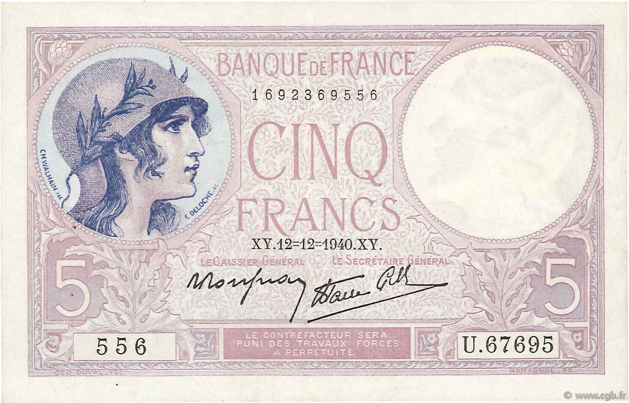 5 Francs FEMME CASQUÉE modifié FRANCIA  1940 F.04.17 BB