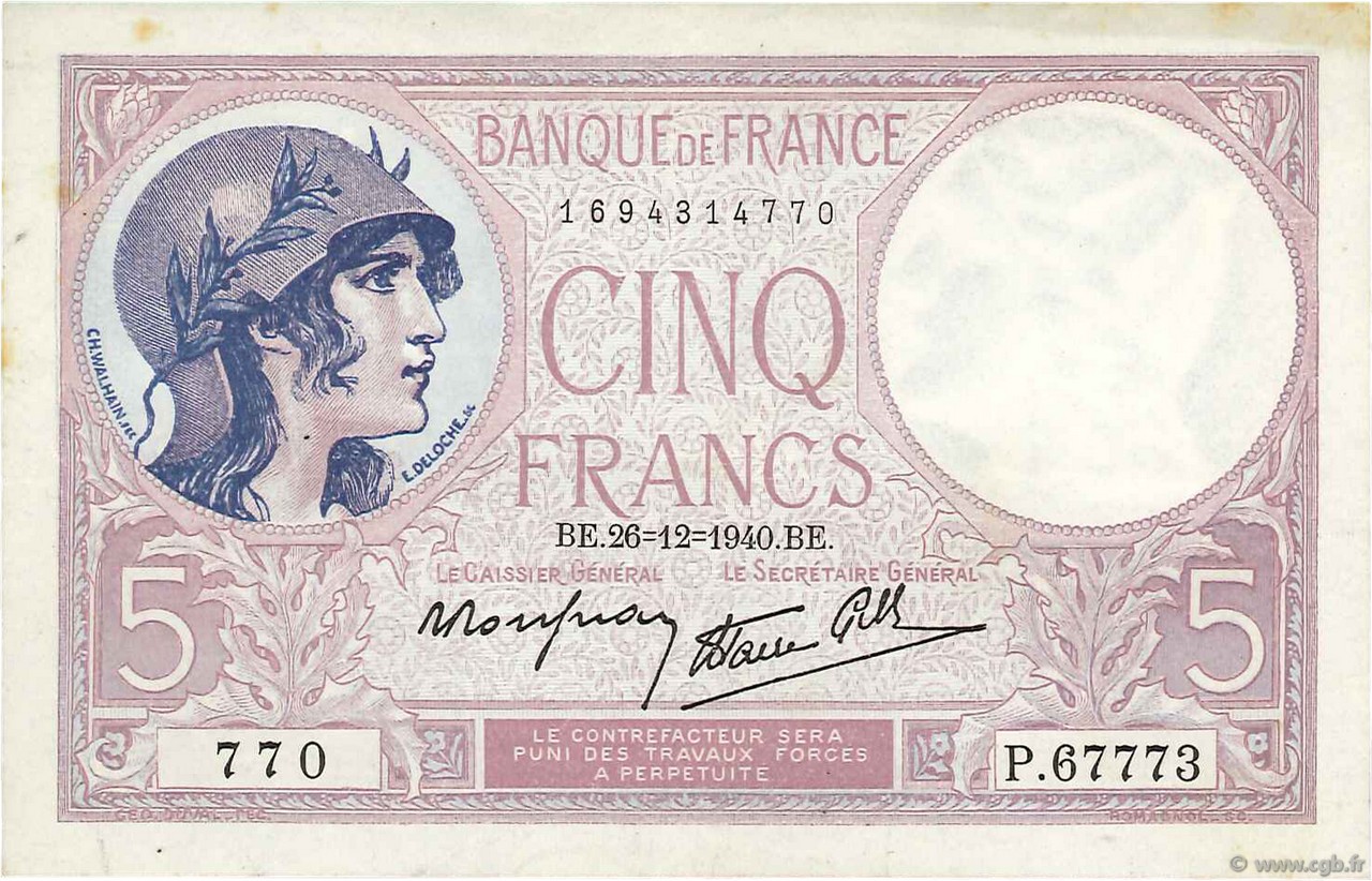 5 Francs FEMME CASQUÉE modifié FRANCE  1940 F.04.18 TTB+