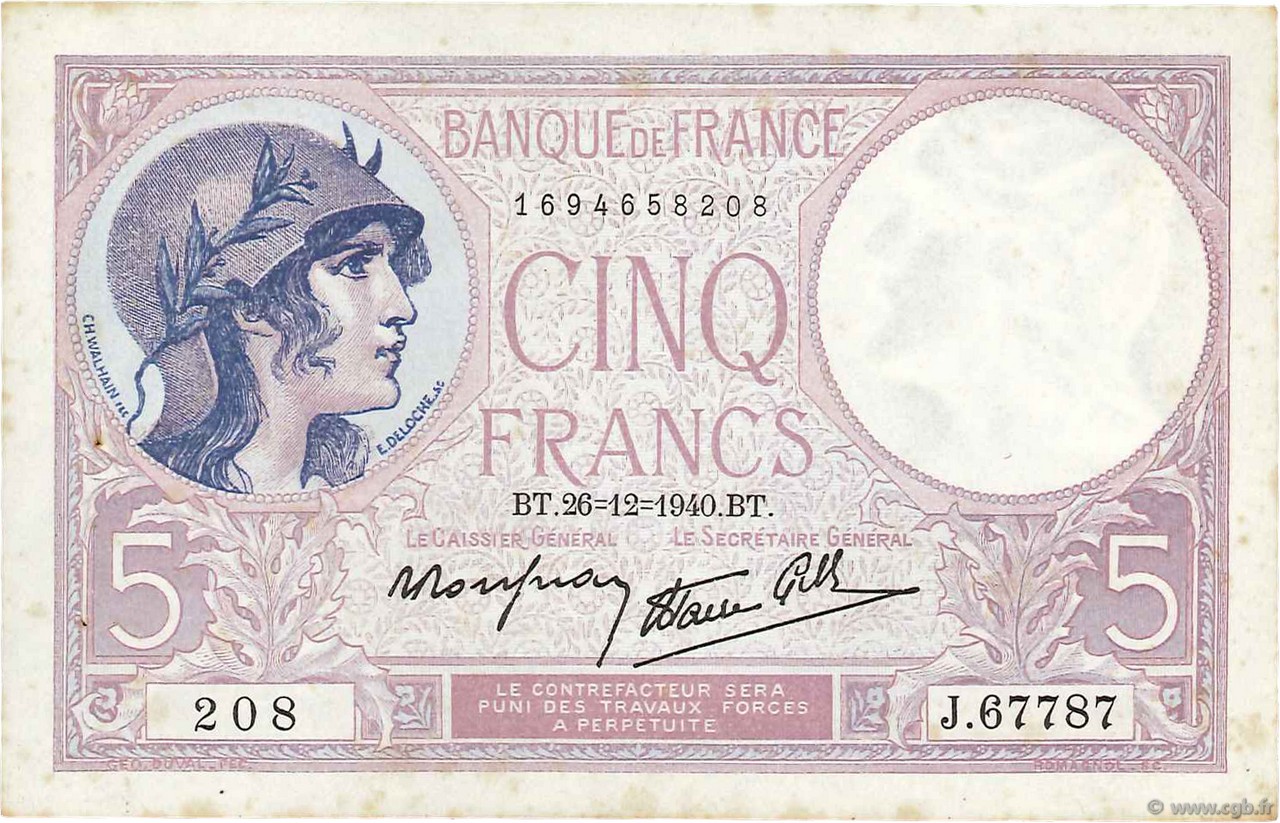 5 Francs FEMME CASQUÉE modifié FRANCE  1940 F.04.18 VF