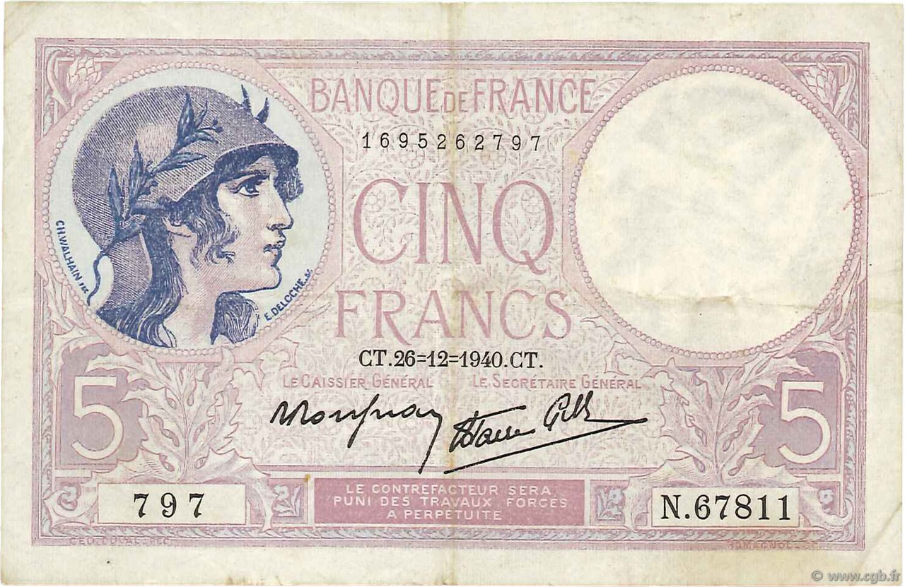 5 Francs FEMME CASQUÉE modifié FRANKREICH  1940 F.04.18 fSS