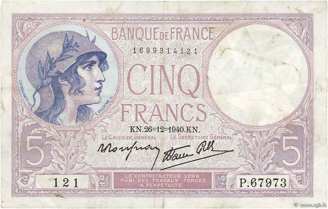 5 Francs FEMME CASQUÉE modifié Numéro radar FRANCIA  1940 F.04.18 MBC