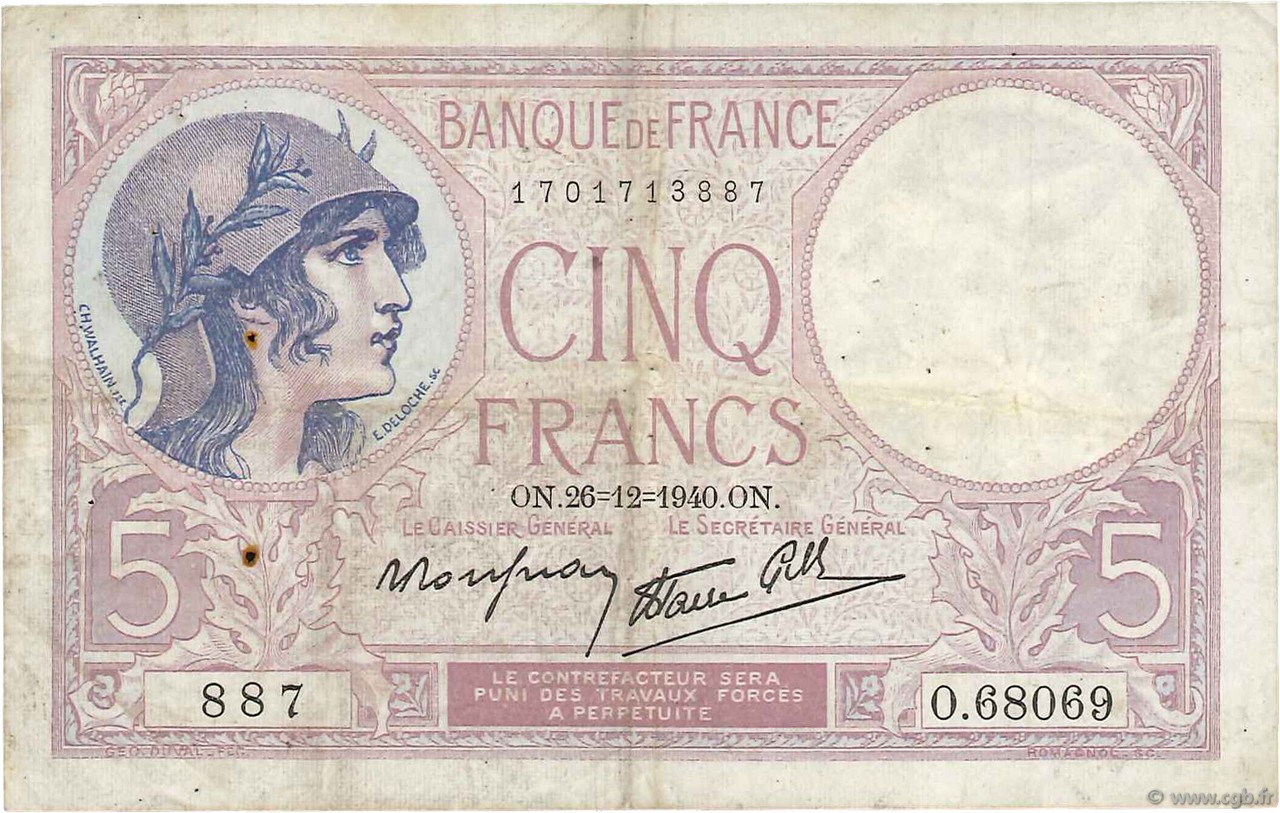 5 Francs FEMME CASQUÉE modifié FRANCIA  1940 F.04.18 MB