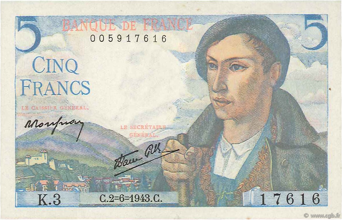 5 Francs BERGER FRANCE  1943 F.05.01 SUP
