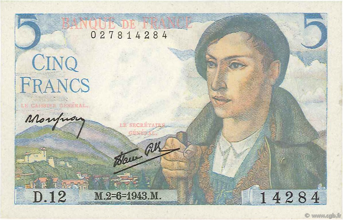 5 Francs BERGER FRANCIA  1943 F.05.01 EBC+
