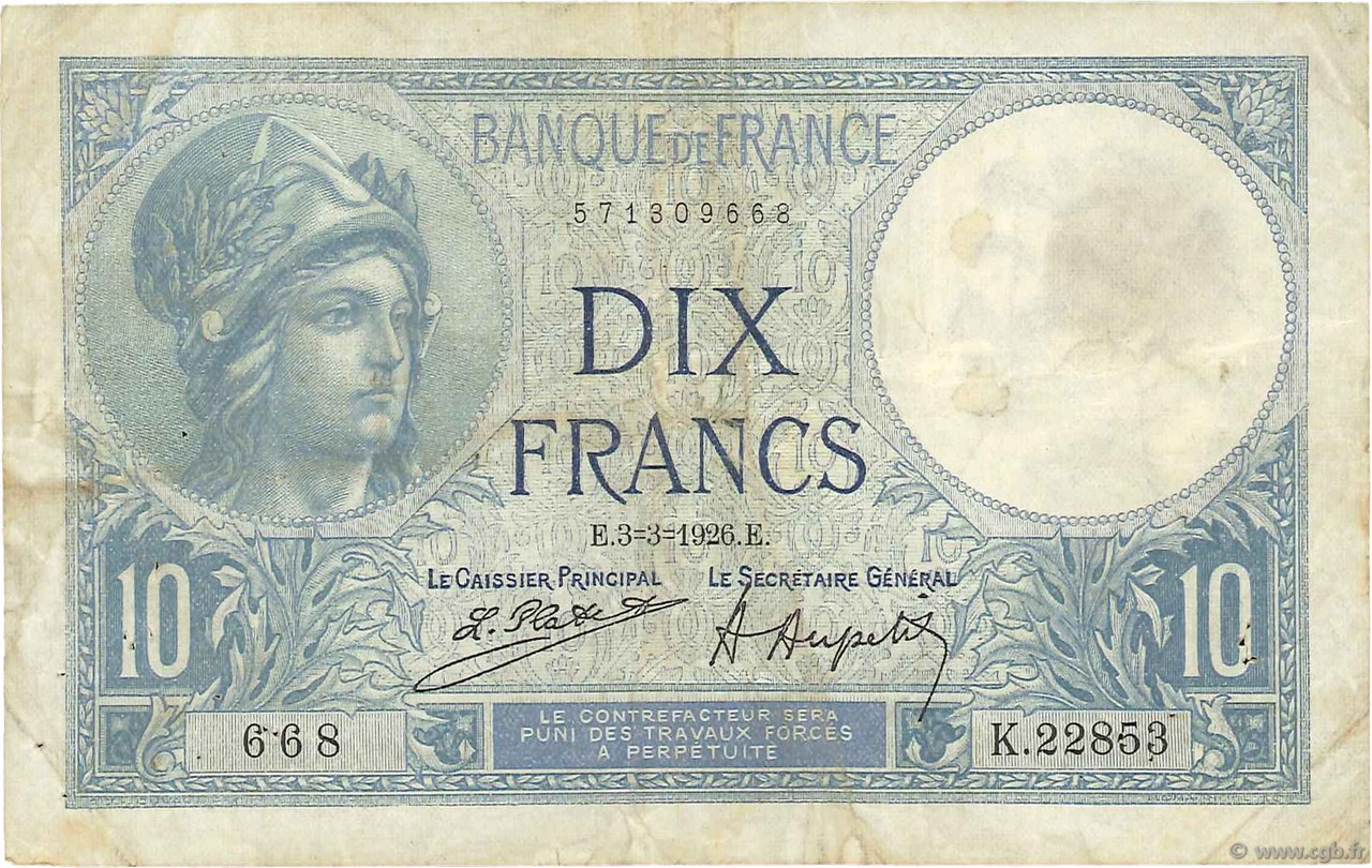 10 Francs MINERVE FRANKREICH  1926 F.06.10 S