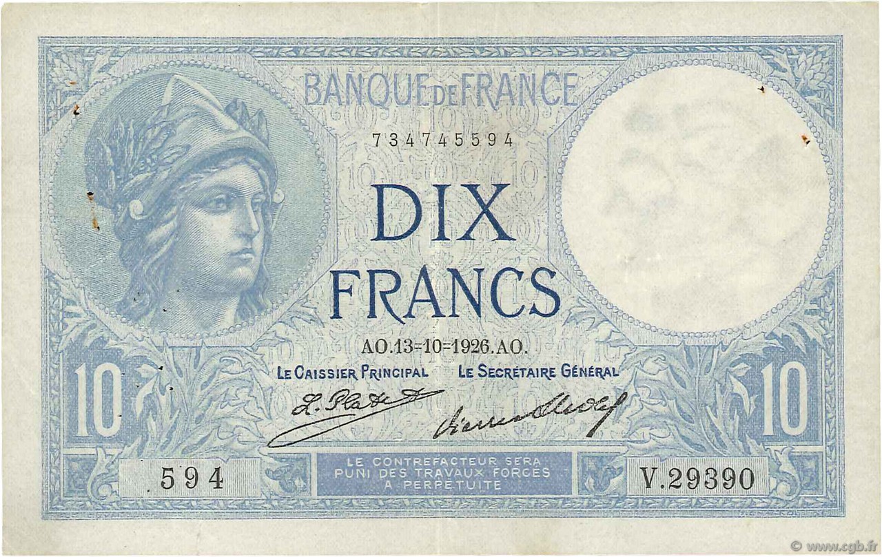 10 Francs MINERVE FRANKREICH  1926 F.06.11 SS