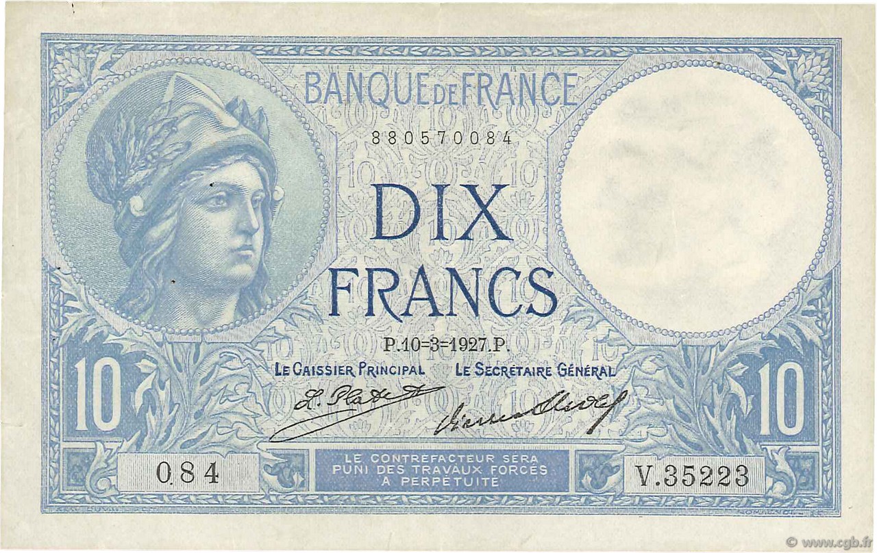 10 Francs MINERVE FRANCIA  1927 F.06.12 MBC