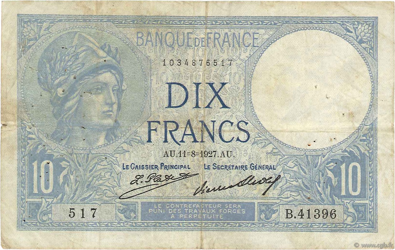 10 Francs MINERVE FRANCE  1927 F.06.12 TB