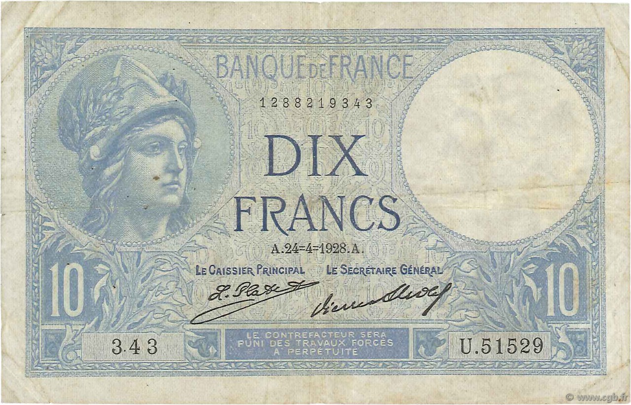 10 Francs MINERVE Numéro radar FRANCIA  1928 F.06.13 MB
