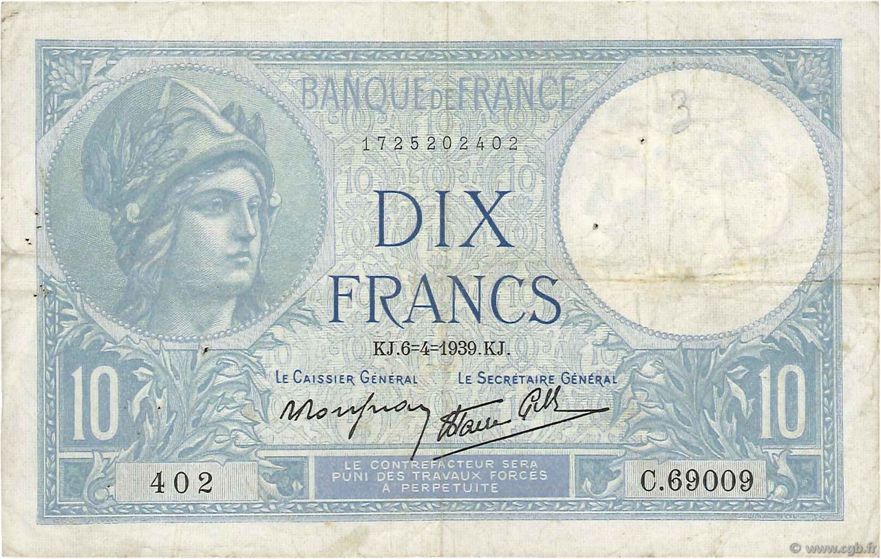 10 Francs MINERVE modifié FRANCE  1939 F.07.02 F