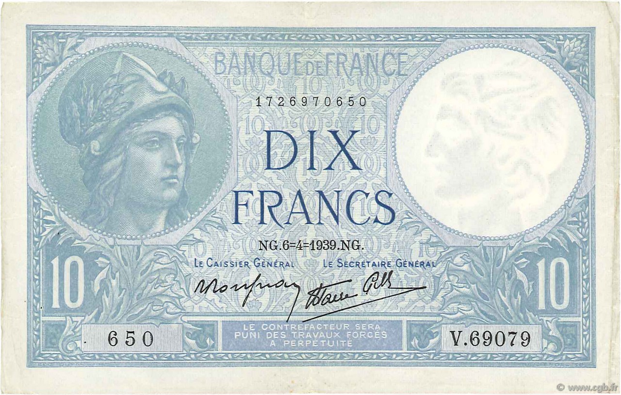 10 Francs MINERVE modifié FRANCIA  1939 F.07.02 MBC+