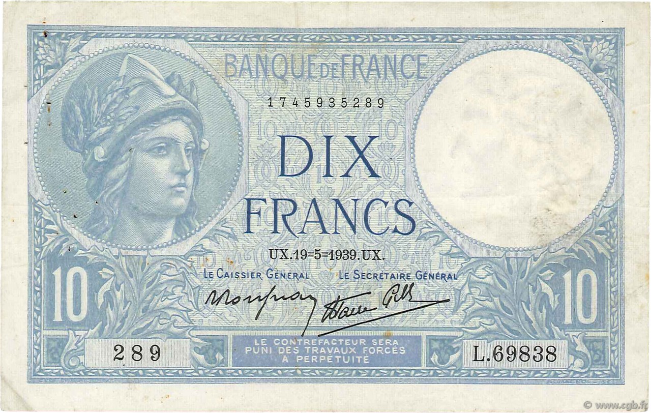 10 Francs MINERVE modifié FRANCIA  1939 F.07.03 BB