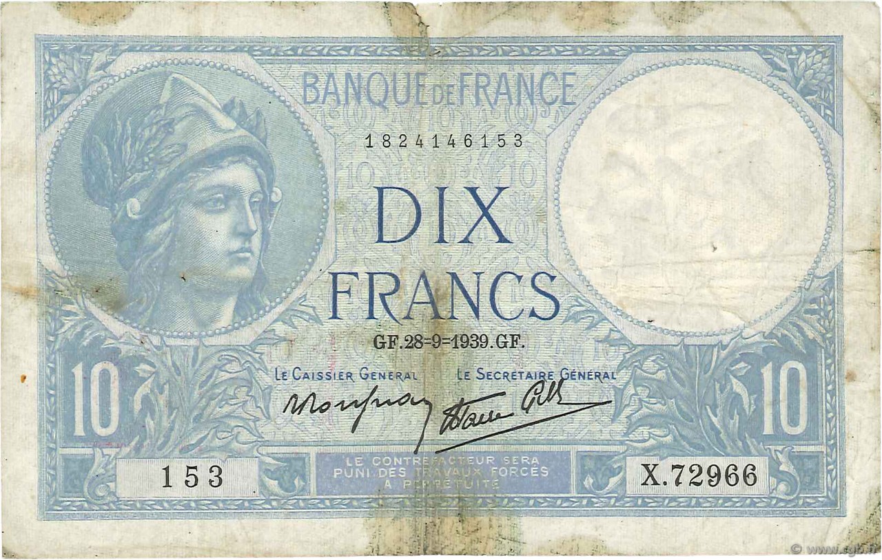 10 Francs MINERVE modifié FRANKREICH  1939 F.07.09 fS
