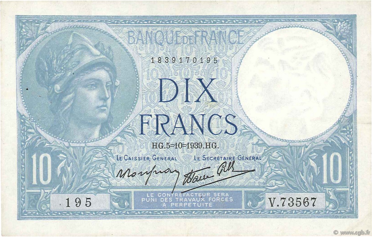 10 Francs MINERVE modifié FRANKREICH  1939 F.07.10 SS