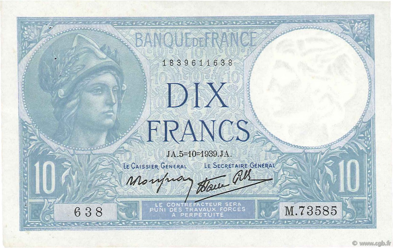 10 Francs MINERVE modifié FRANKREICH  1939 F.07.10 fVZ