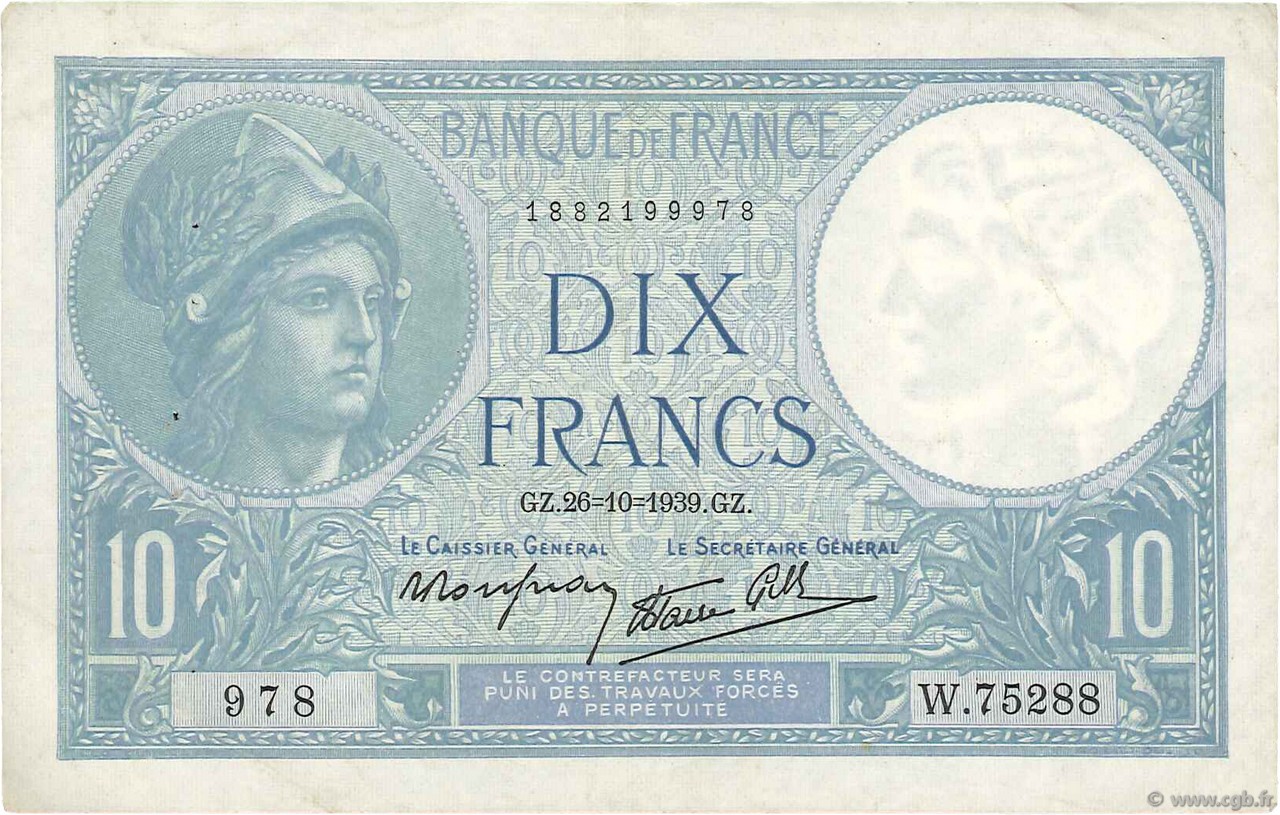 10 Francs MINERVE modifié FRANCE  1939 F.07.13 VF+