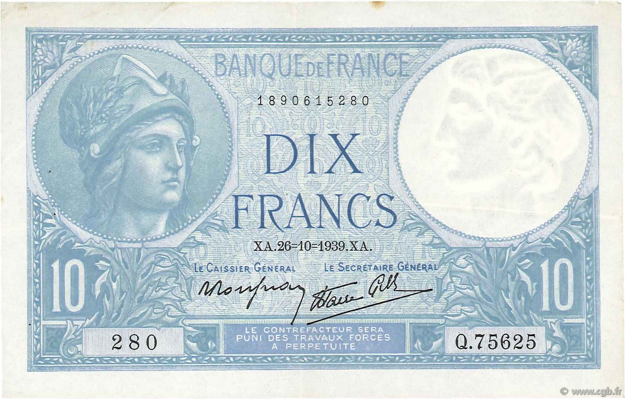 10 Francs MINERVE modifié FRANCE  1939 F.07.13 VF+