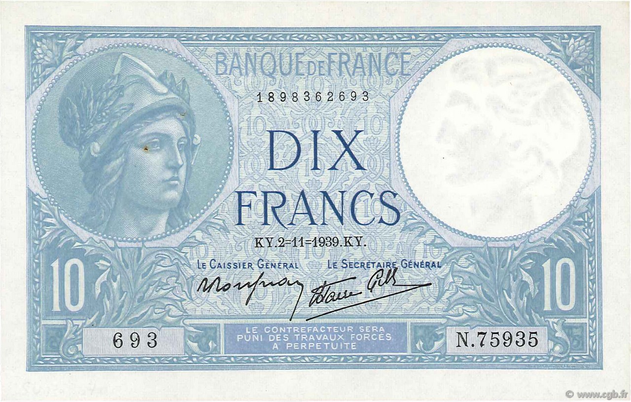 10 Francs MINERVE modifié FRANCIA  1939 F.07.14 EBC+