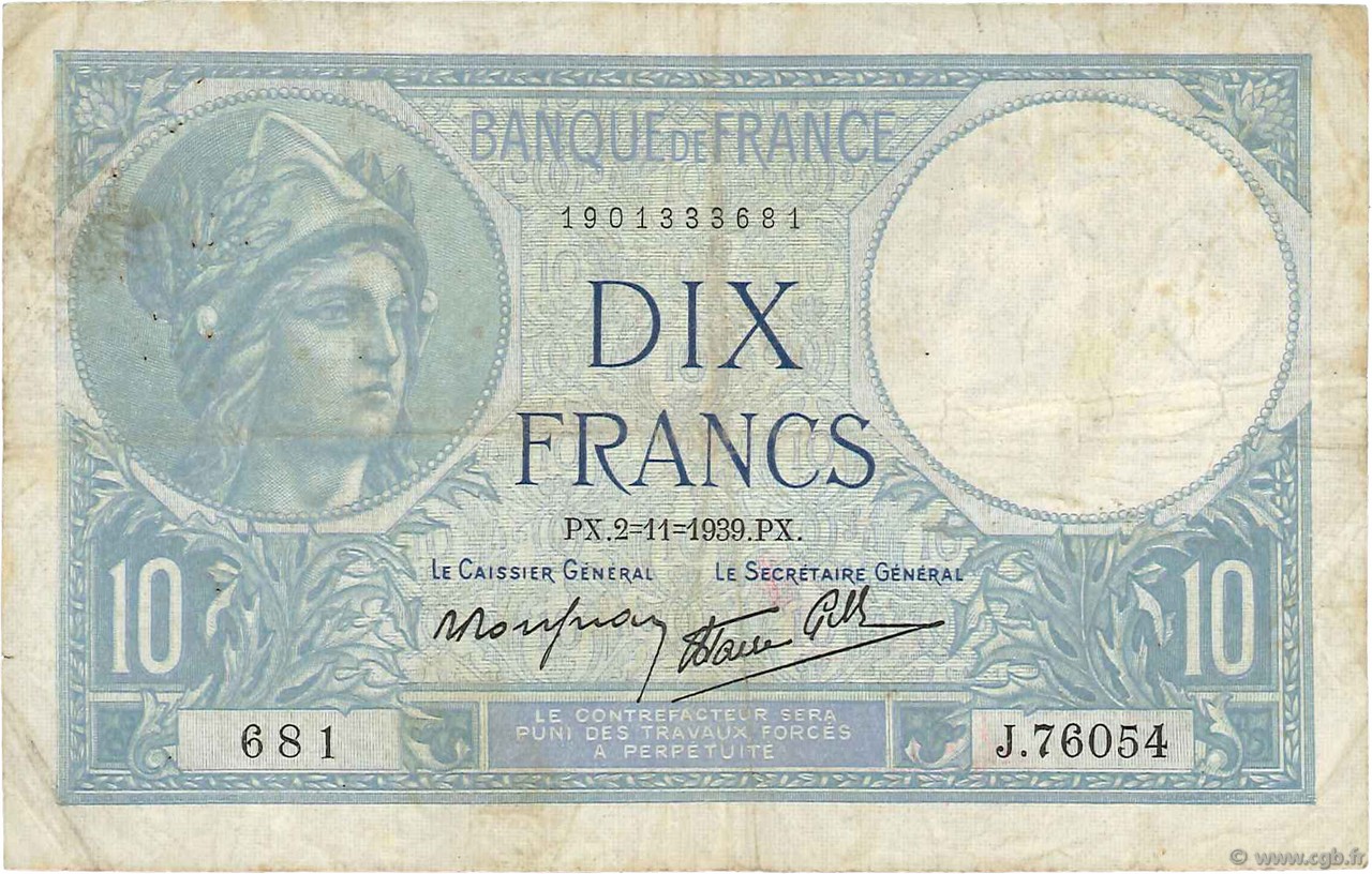 10 Francs MINERVE modifié FRANCE  1939 F.07.14 F
