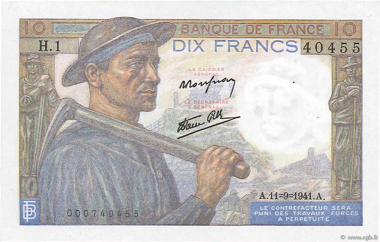 10 Francs MINEUR FRANCE  1941 F.08.01 AU-
