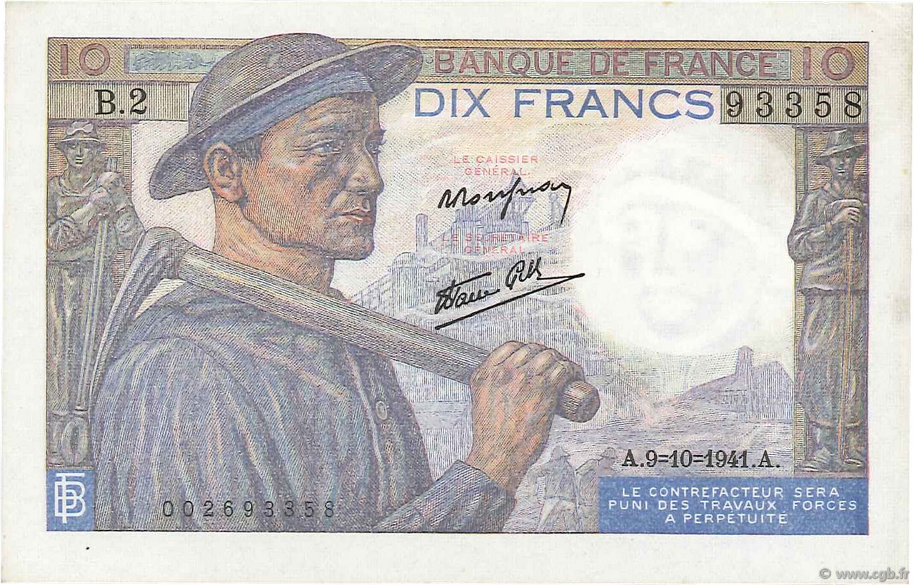 10 Francs MINEUR FRANCE  1941 F.08.02 AU