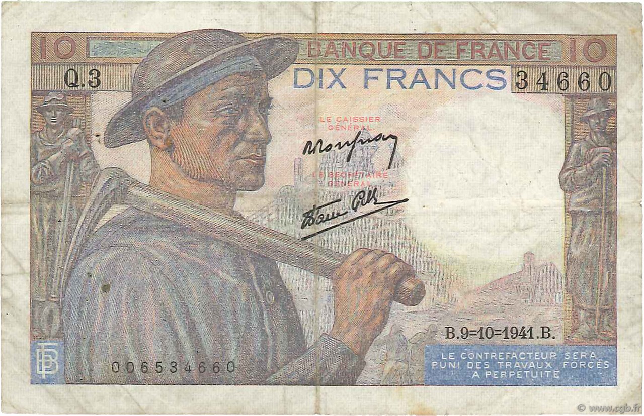 10 Francs MINEUR FRANCE  1941 F.08.02 F