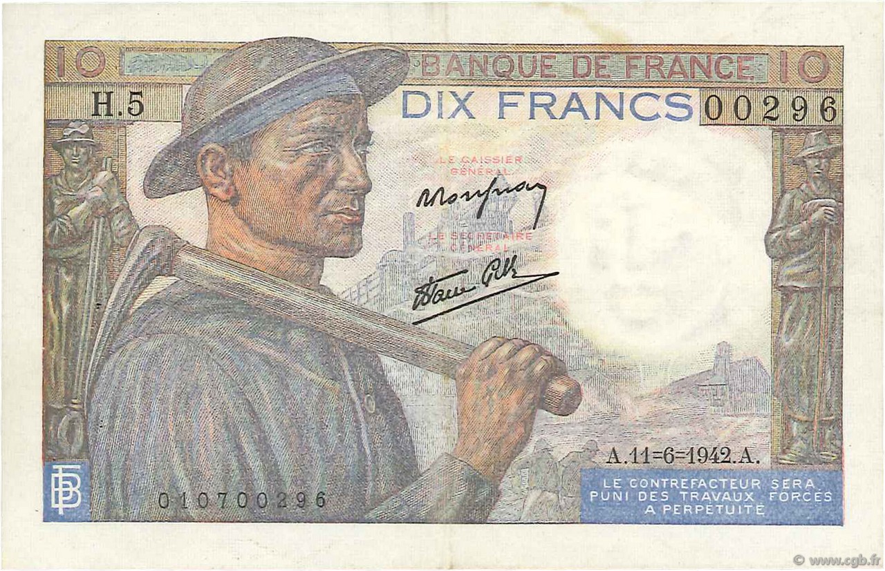 10 Francs MINEUR FRANCE  1942 F.08.03 VF