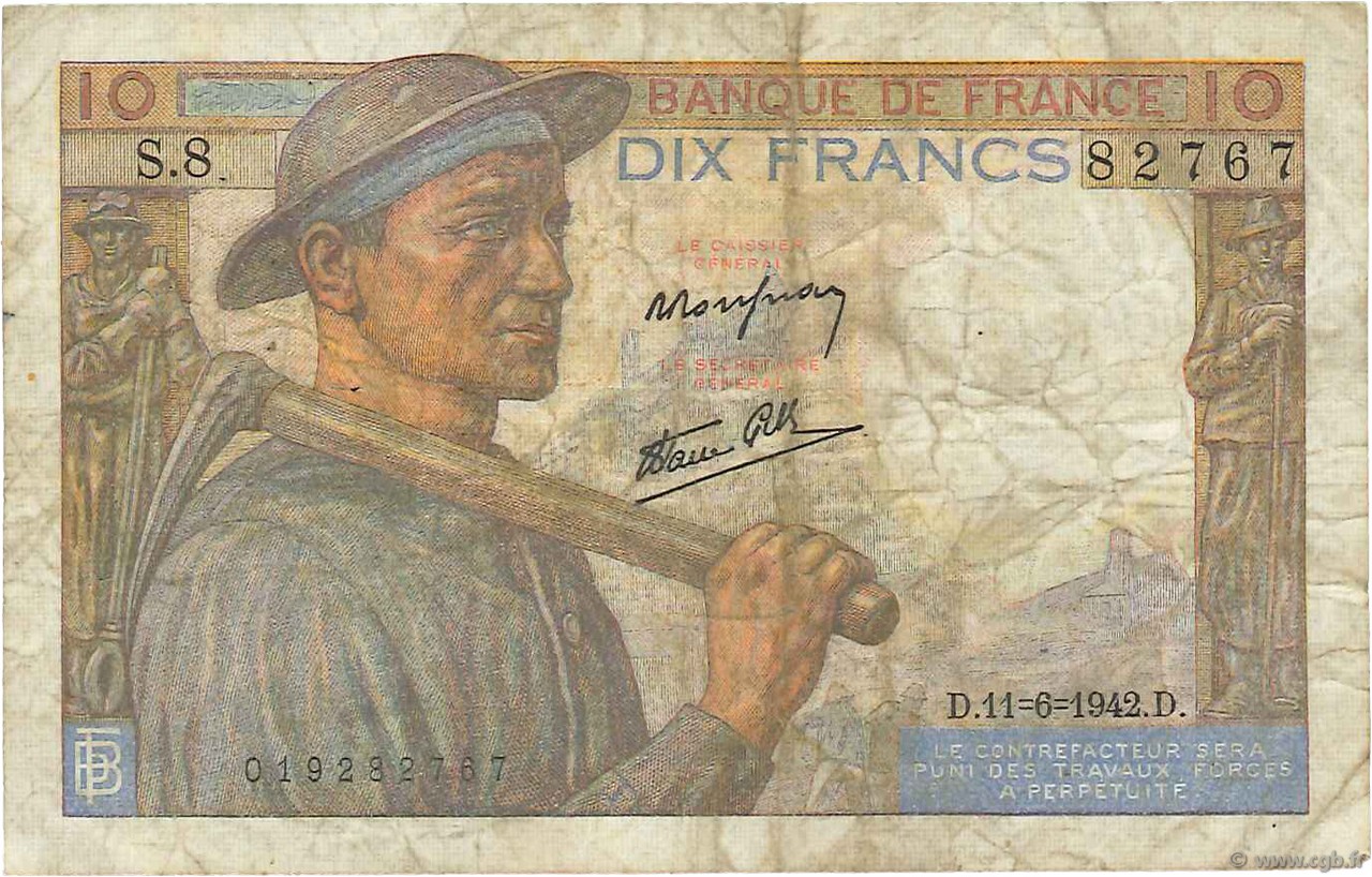 10 Francs MINEUR FRANKREICH  1942 F.08.03 SGE