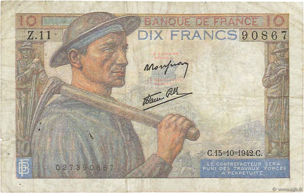 10 Francs MINEUR FRANCIA  1942 F.08.04 B