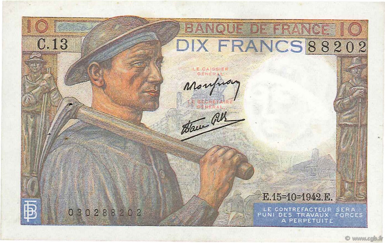 10 Francs MINEUR FRANCE  1942 F.08.04 VF+