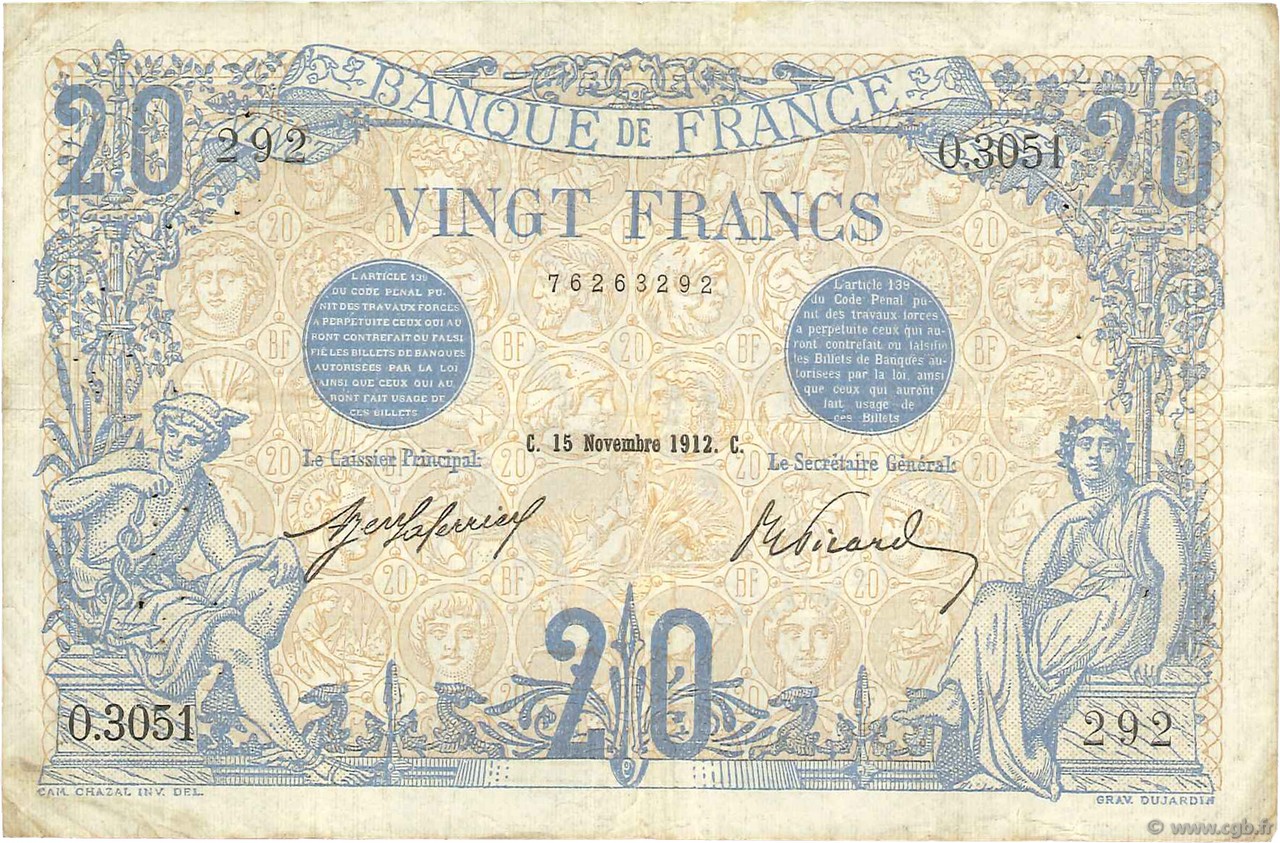 20 Francs BLEU FRANKREICH  1912 F.10.02 S
