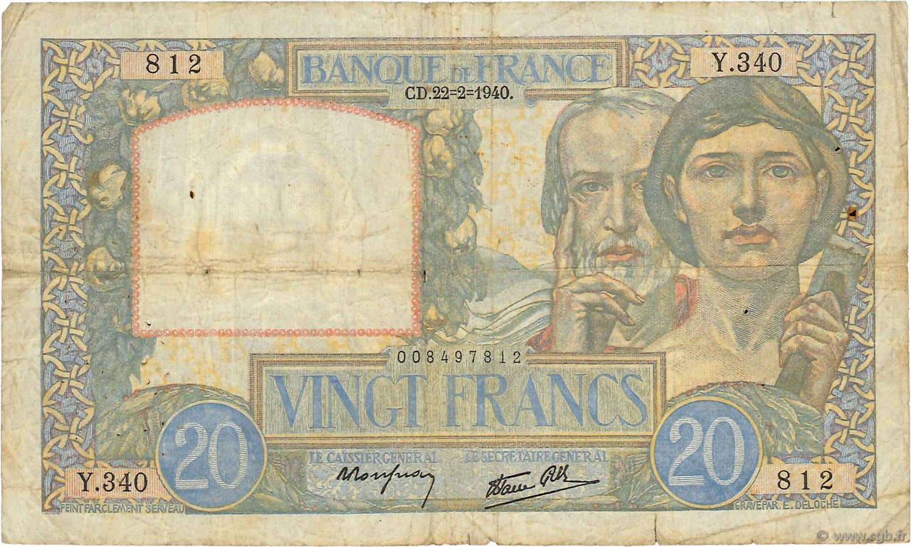 20 Francs TRAVAIL ET SCIENCE FRANKREICH  1940 F.12.02 fS