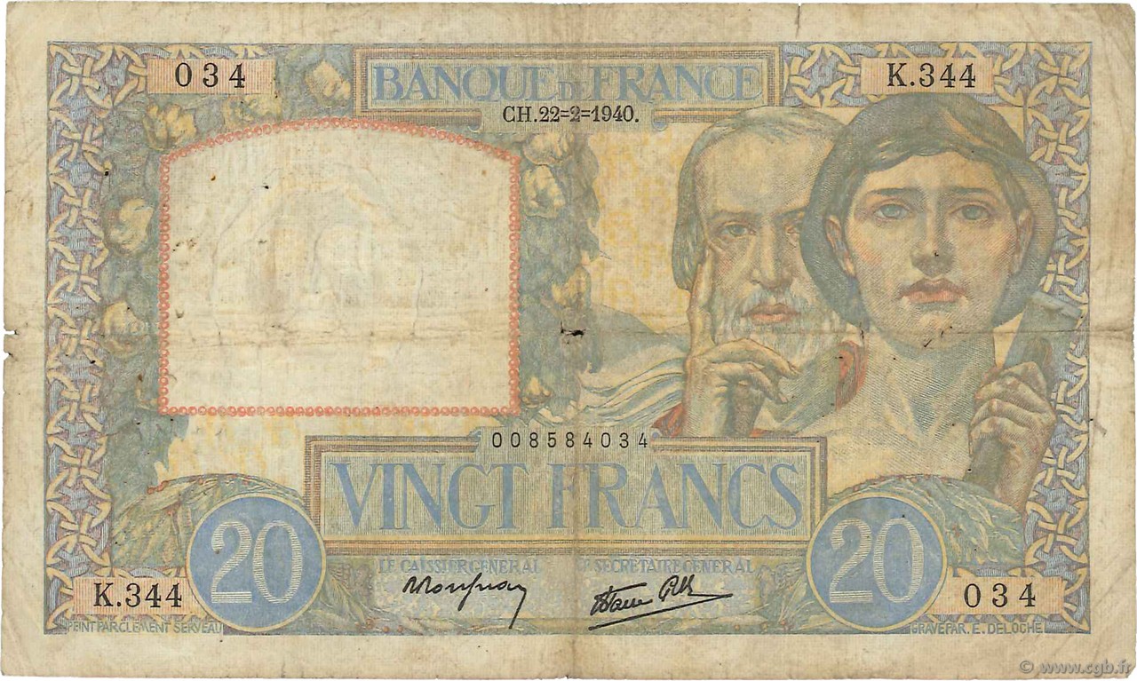 20 Francs TRAVAIL ET SCIENCE FRANCE  1940 F.12.02 G