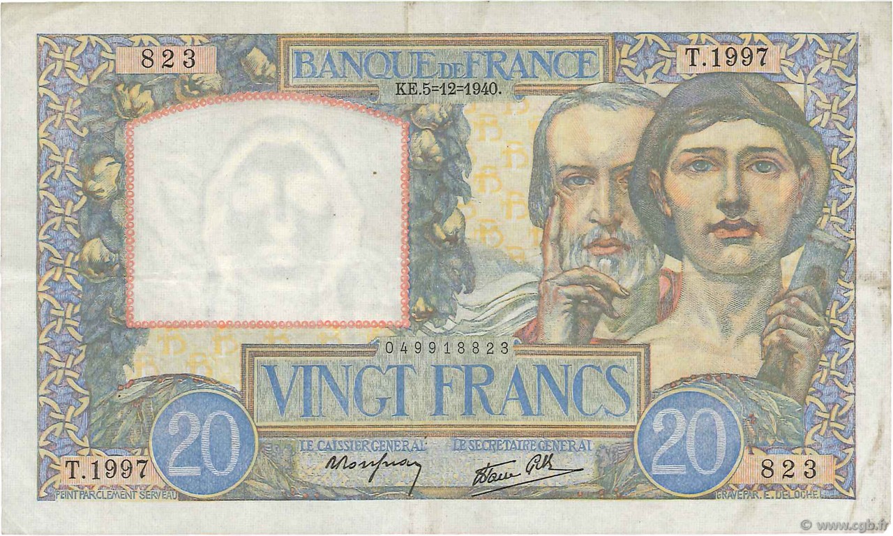 20 Francs TRAVAIL ET SCIENCE FRANCE  1940 F.12.10 VF+