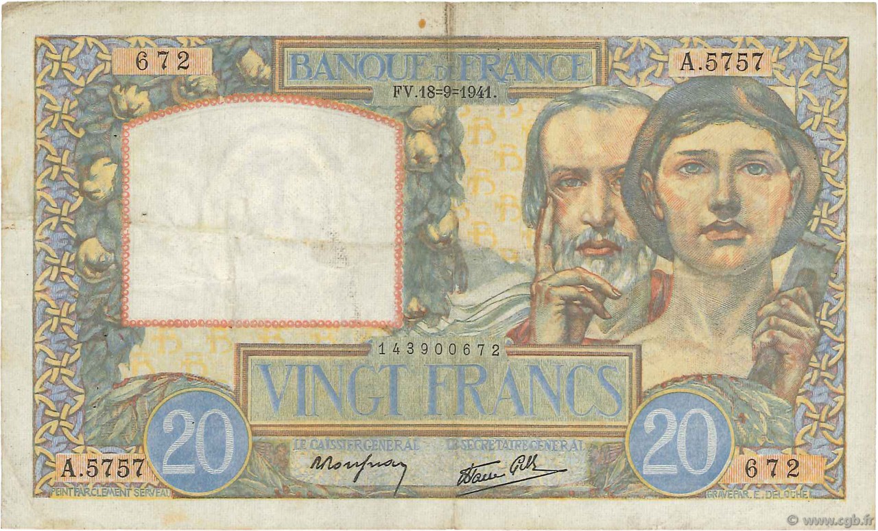 20 Francs TRAVAIL ET SCIENCE FRANKREICH  1941 F.12.18 fSS