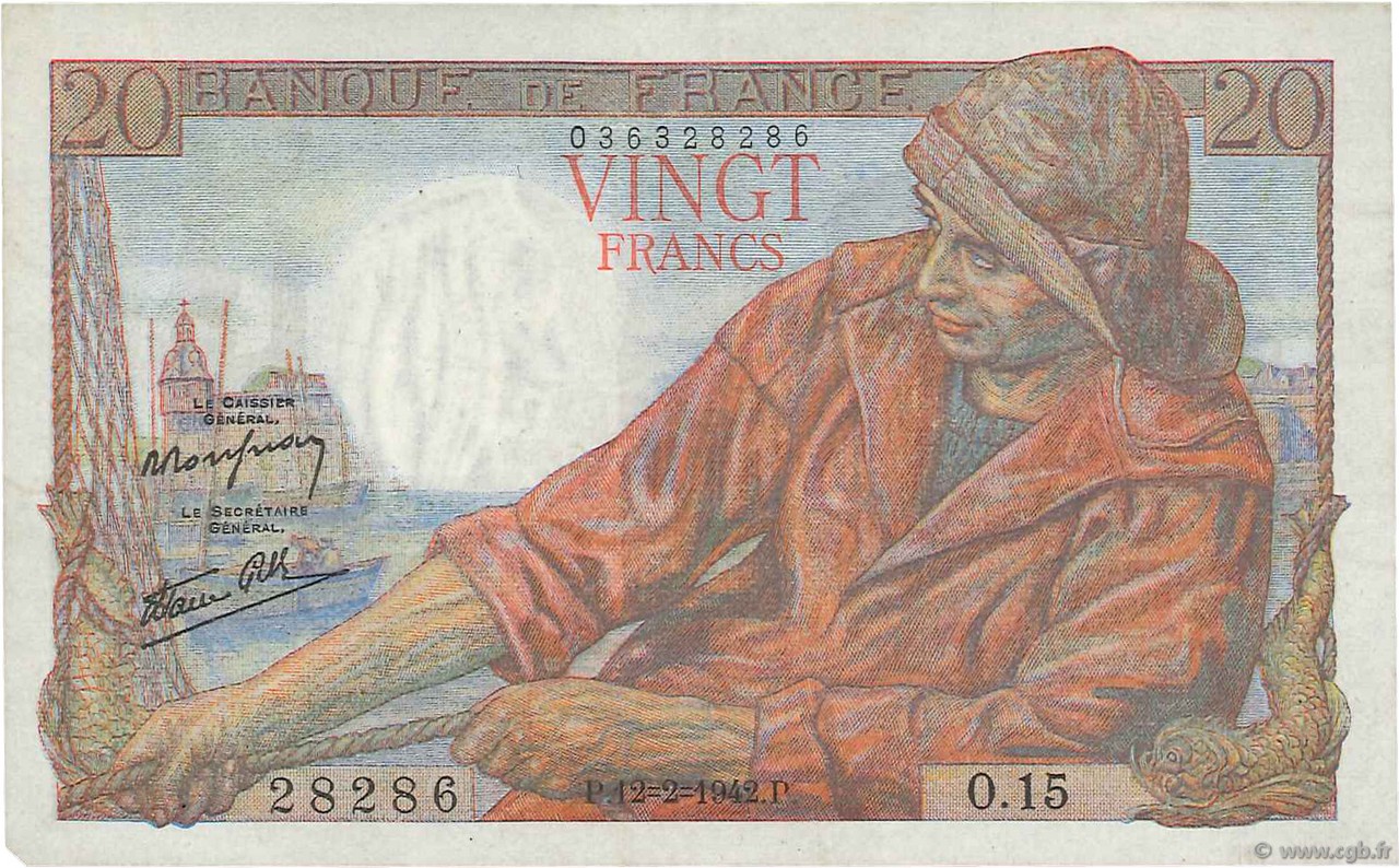 20 Francs PÊCHEUR FRANCE  1942 F.13.02 VF