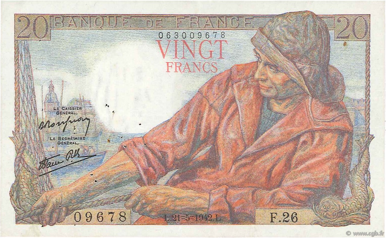 20 Francs PÊCHEUR FRANKREICH  1942 F.13.02 SS