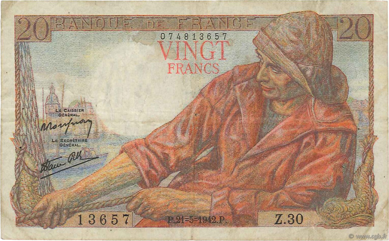 20 Francs PÊCHEUR FRANKREICH  1942 F.13.02 S
