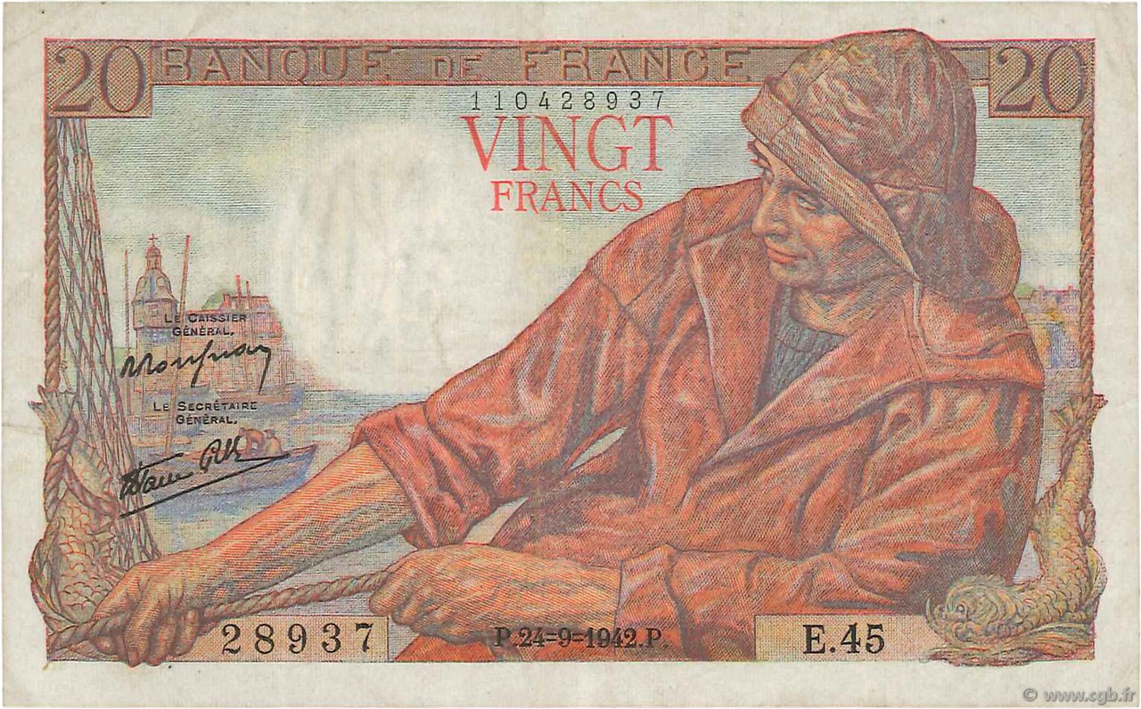 20 Francs PÊCHEUR FRANCE  1942 F.13.03 VF