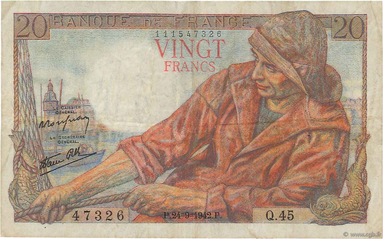 20 Francs PÊCHEUR FRANCE  1942 F.13.03 VF-