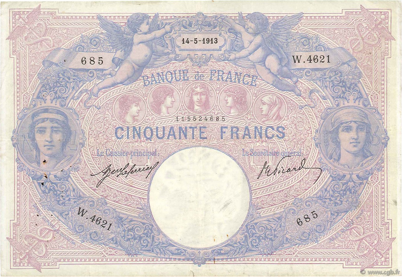 50 Francs BLEU ET ROSE FRANCIA  1913 F.14.26 MBC