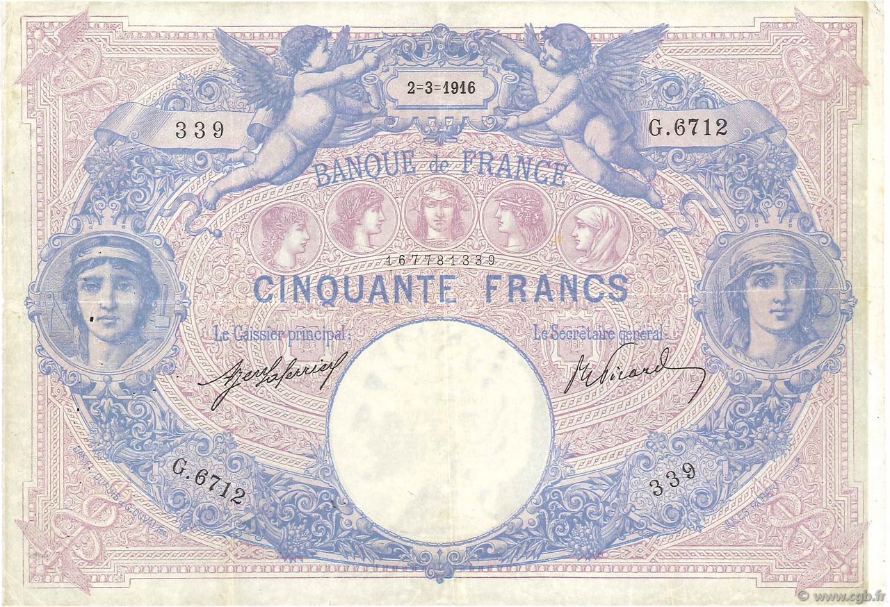 50 Francs BLEU ET ROSE FRANCE  1916 F.14.29 F