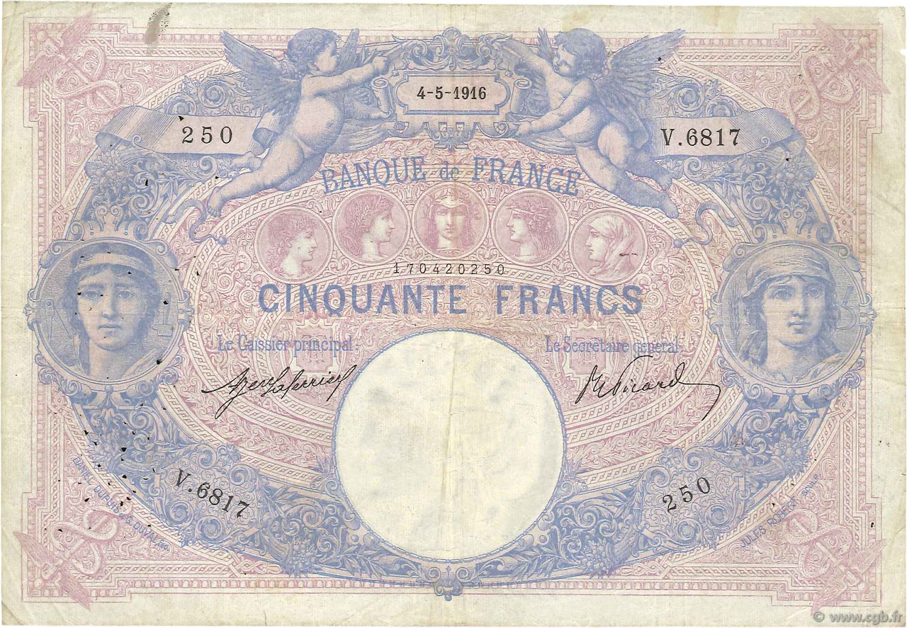 50 Francs BLEU ET ROSE FRANCE  1916 F.14.29 TB